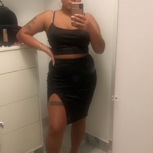 Black Satin Rhinestone Straps Slit Skirt Two Piece Set